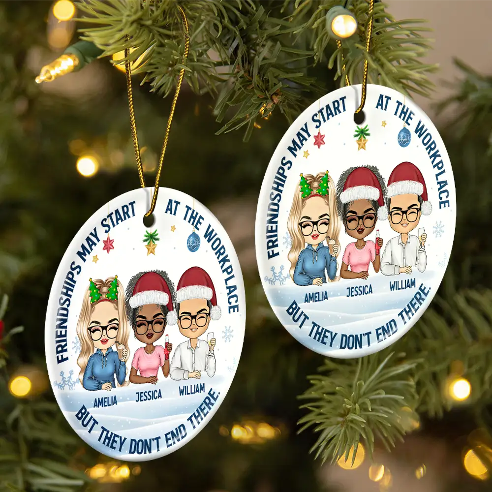Friendships May Start At The Workplace Christmas Colleagues Chibi - Personalized Circle Ceramic Ornament - Image 2