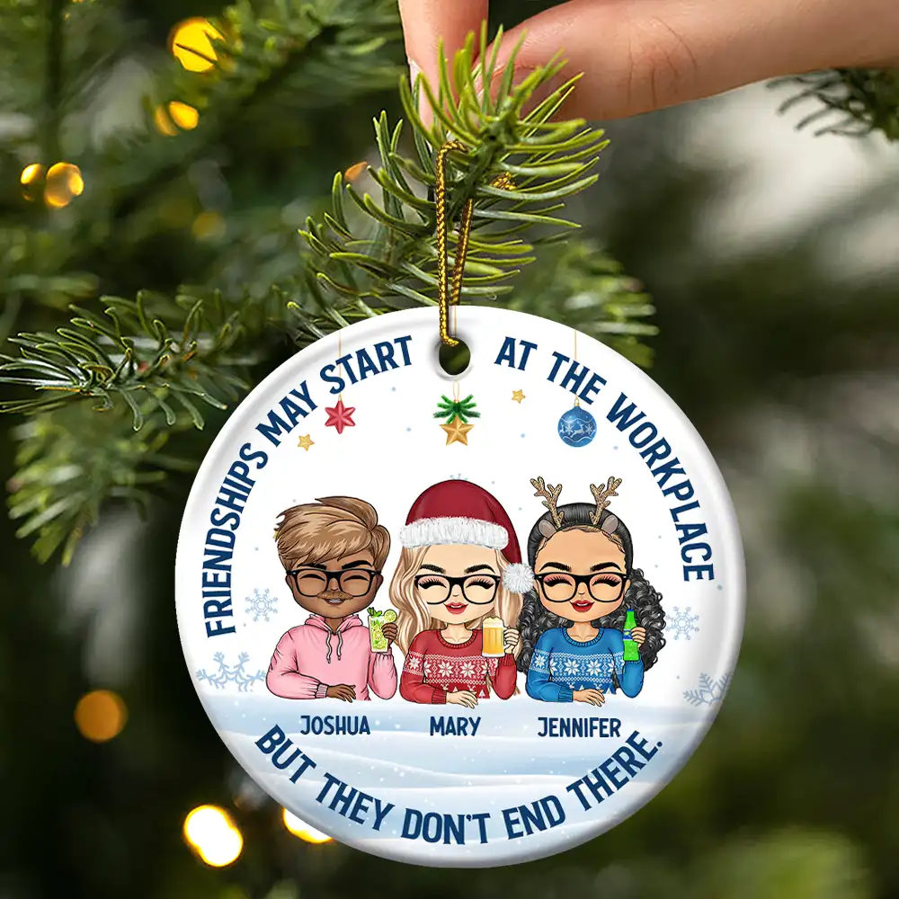 Friendships May Start At The Workplace Christmas Colleagues Chibi - Personalized Circle Ceramic Ornament - Image 3