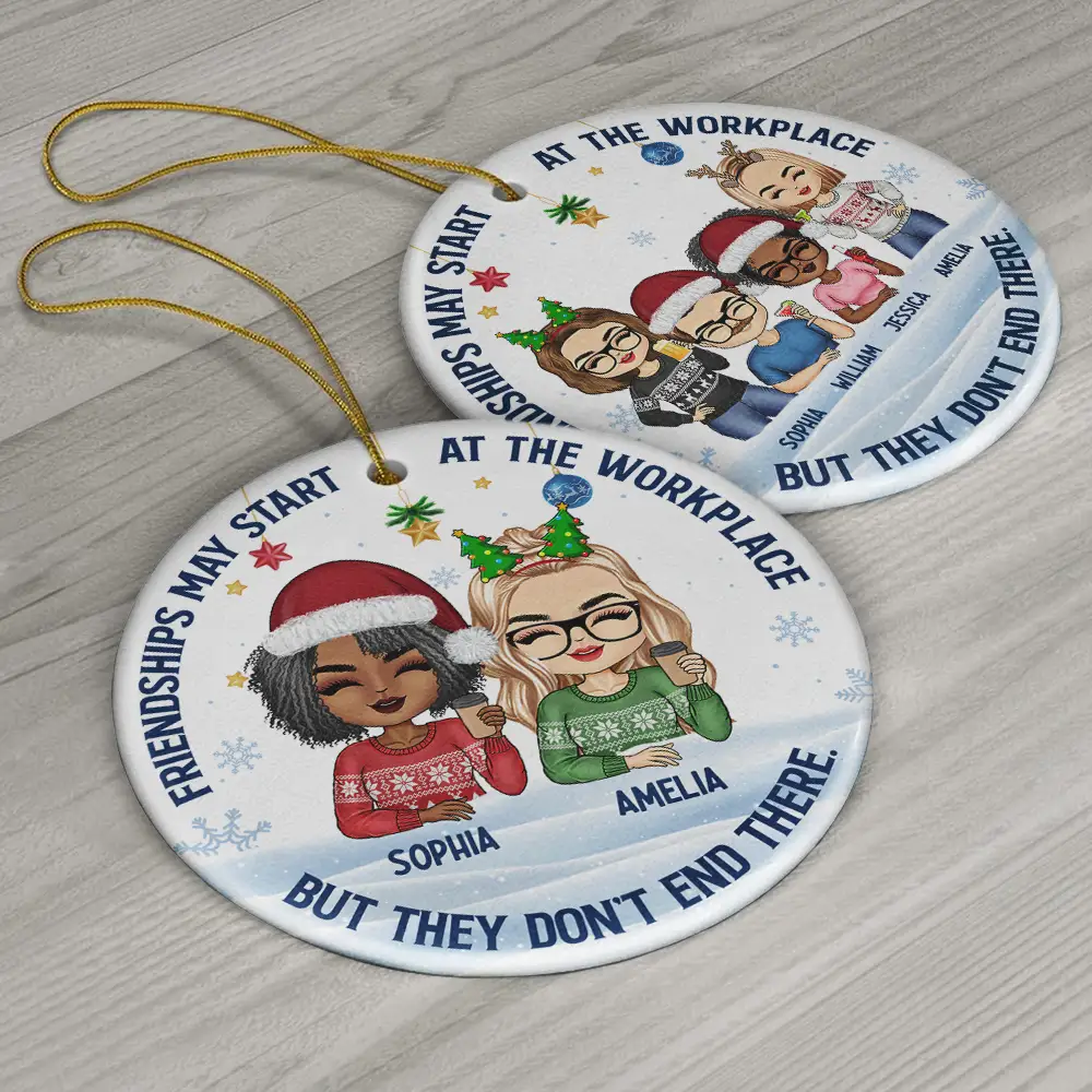 Friendships May Start At The Workplace Christmas Colleagues Chibi - Personalized Circle Ceramic Ornament - Image 6