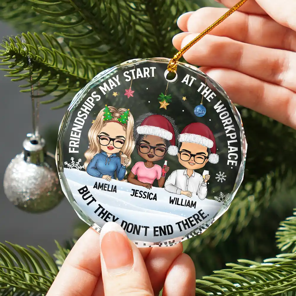 Friendships May Start At The Workplace Christmas Colleagues Chibi - Personalized Circle Glass Ornament - Image 2