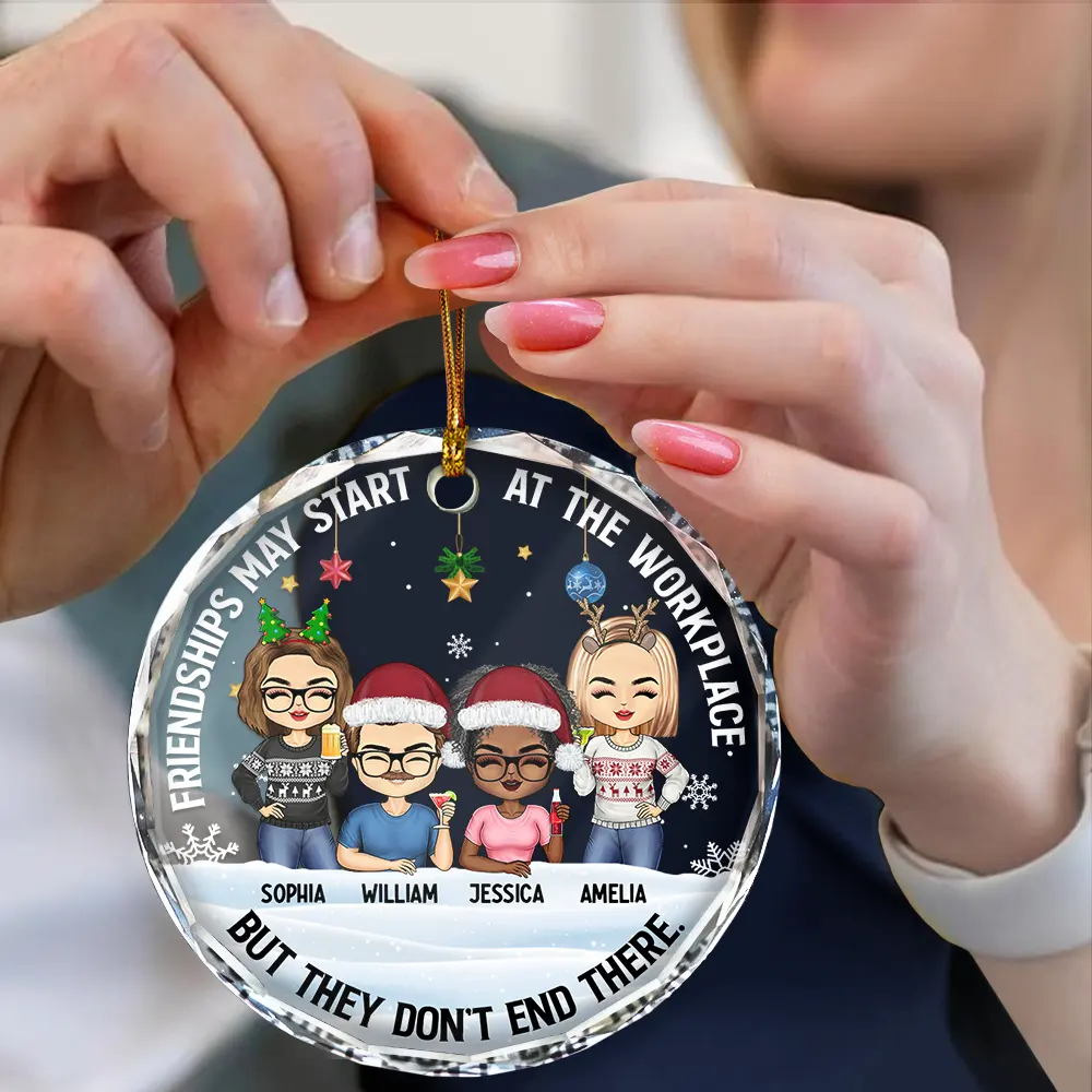 Friendships May Start At The Workplace Christmas Colleagues Chibi - Personalized Circle Glass Ornament - Image 4