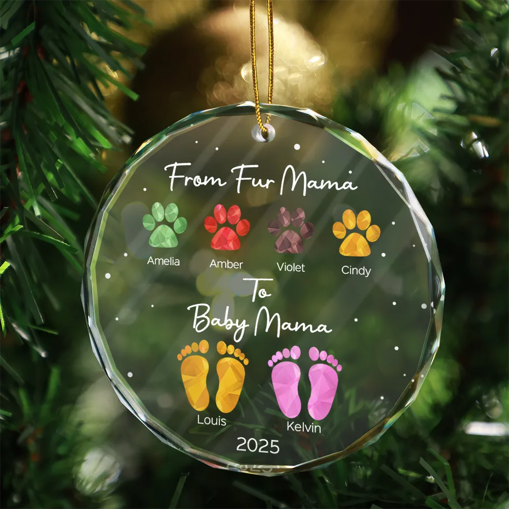 From Fur Mama To Baby Mama - Personalized Circle Glass Ornament - Image 3