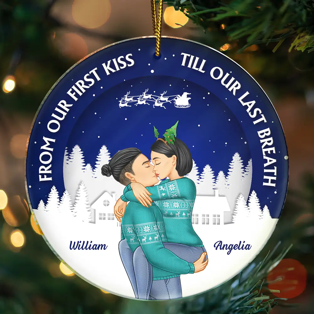 From Our First Kiss Couple Christmas - Personalized Circle Acrylic Ornament - Image 3