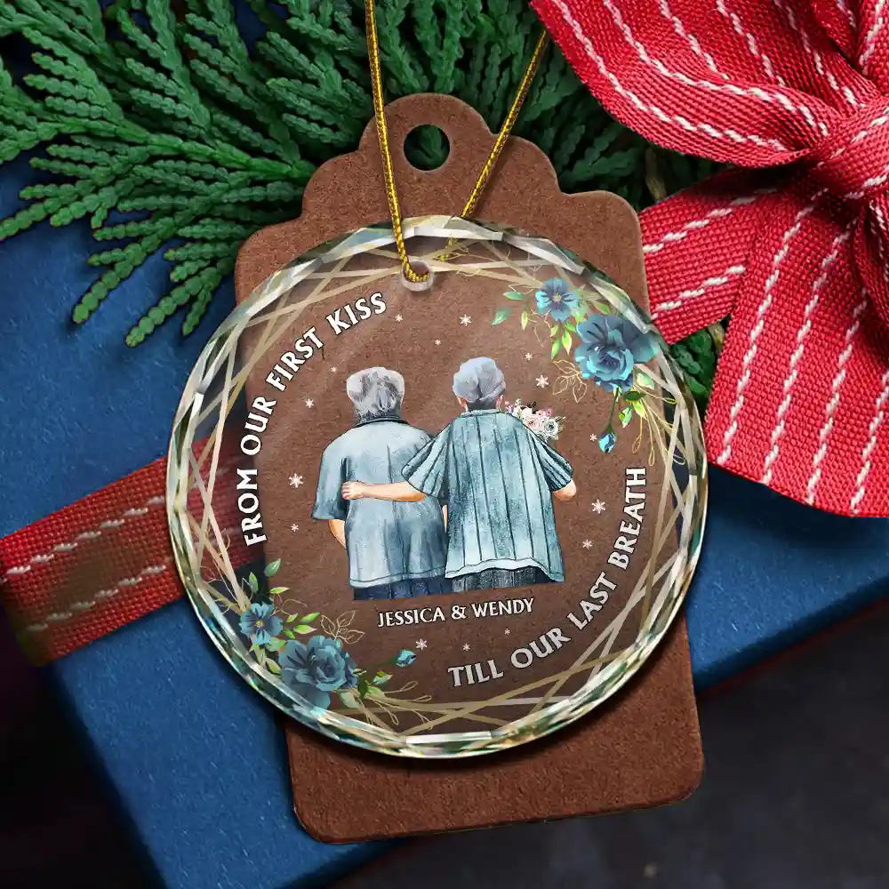 From Our First Kiss Till Our Last Breath Old Couples - Personalized Circle Glass Ornament - Image 5