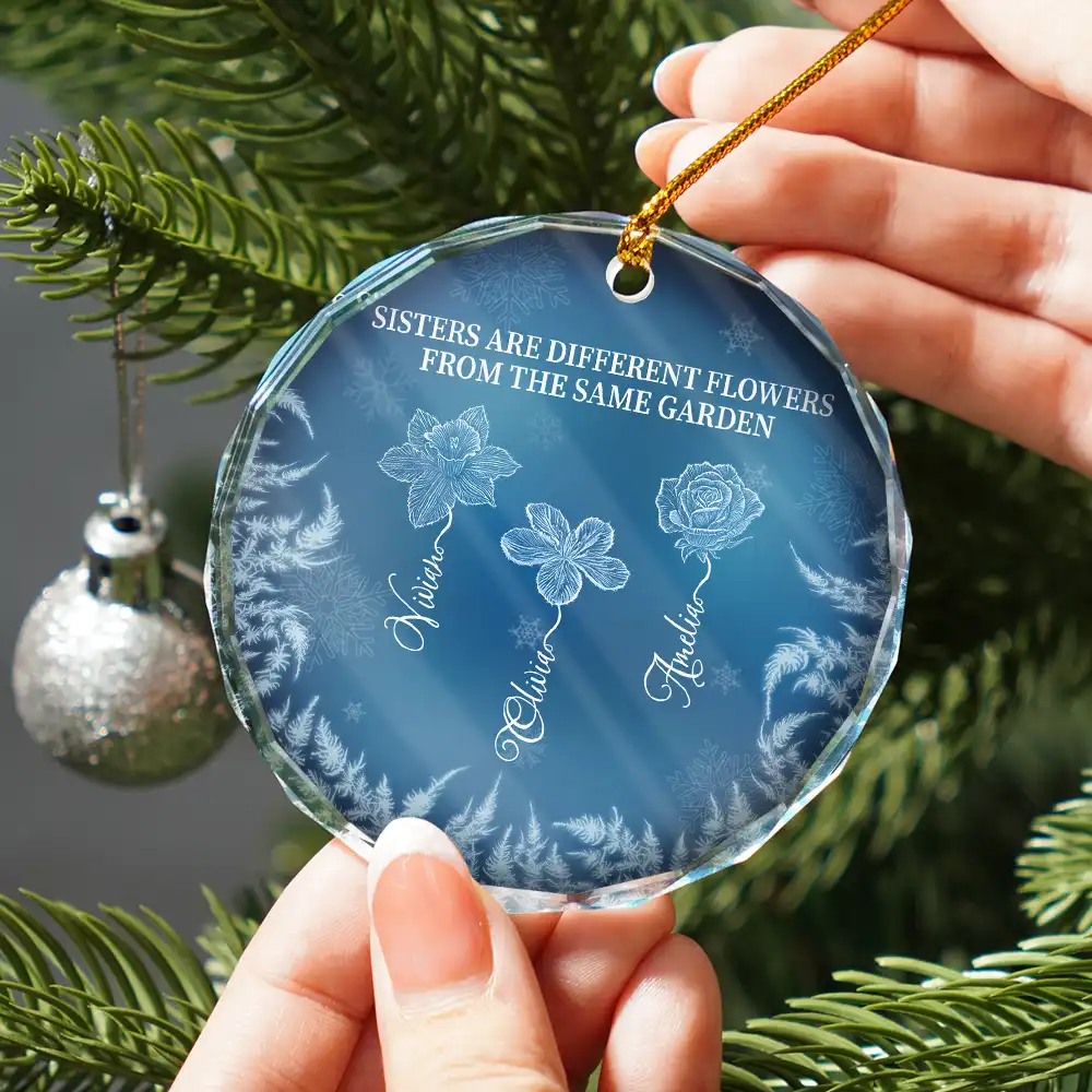Frost Birth Flower If Sisters Were Flowers - Personalized Circle Glass Ornament - Image 2