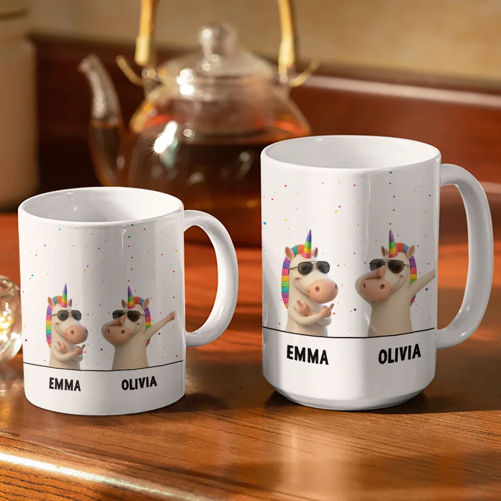 Funny Bestie Unicorn We're Full Of Sarcasm & Profanity - Personalized White Edge-to-Edge Mug - Image 3