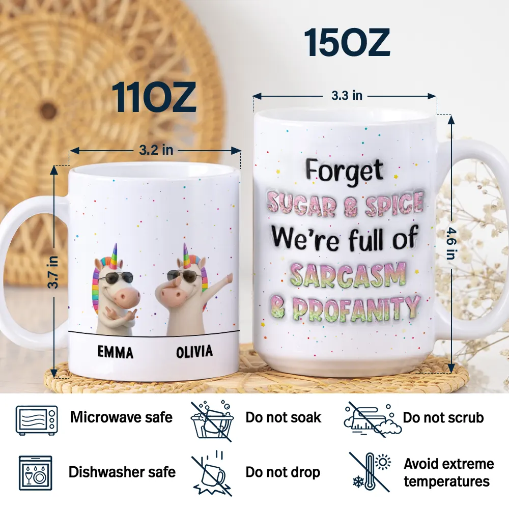 Funny Bestie Unicorn We're Full Of Sarcasm & Profanity - Personalized White Edge-to-Edge Mug - Image 5