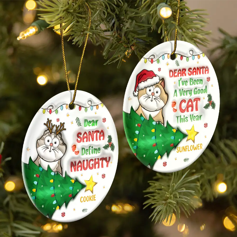 Funny Cartoon Cat On The Naughty List - 3D Inflated Effect Printed Ornament, Personalized Circle Ceramic Ornament - Image 2