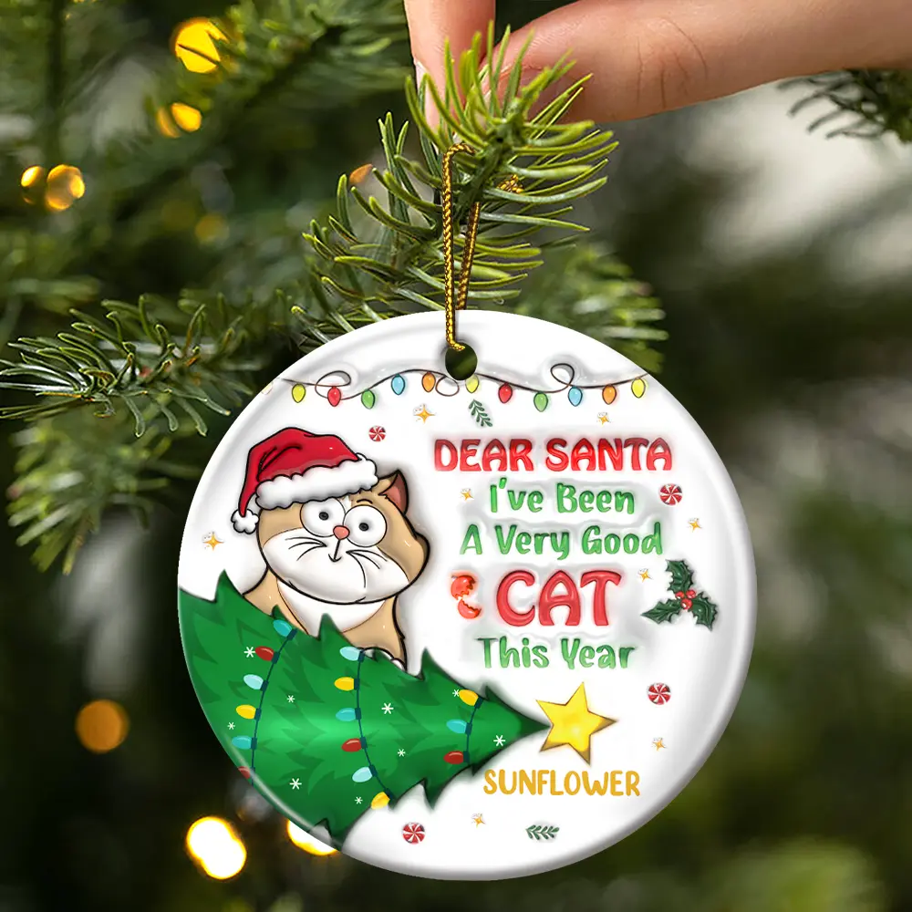 Funny Cartoon Cat On The Naughty List - 3D Inflated Effect Printed Ornament, Personalized Circle Ceramic Ornament - Image 3