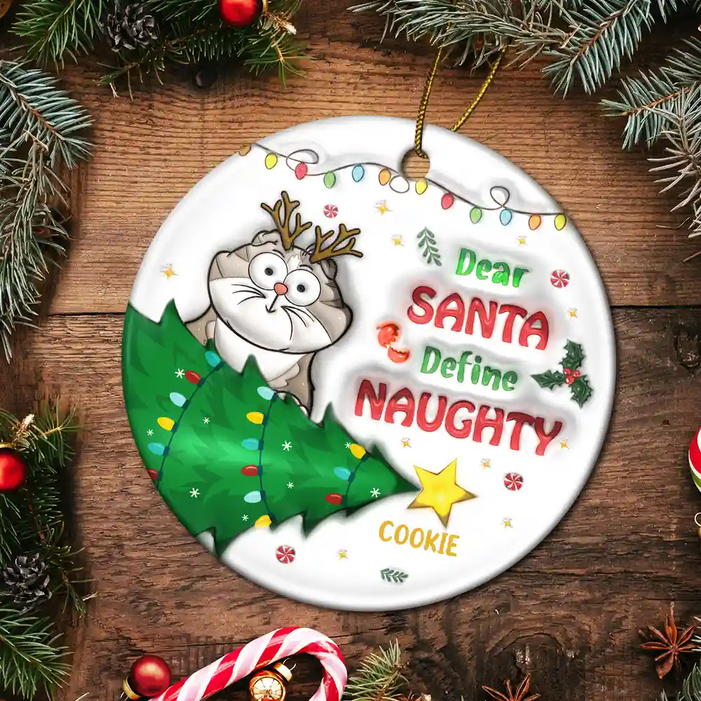 Funny Cartoon Cat On The Naughty List - 3D Inflated Effect Printed Ornament, Personalized Circle Ceramic Ornament - Image 5