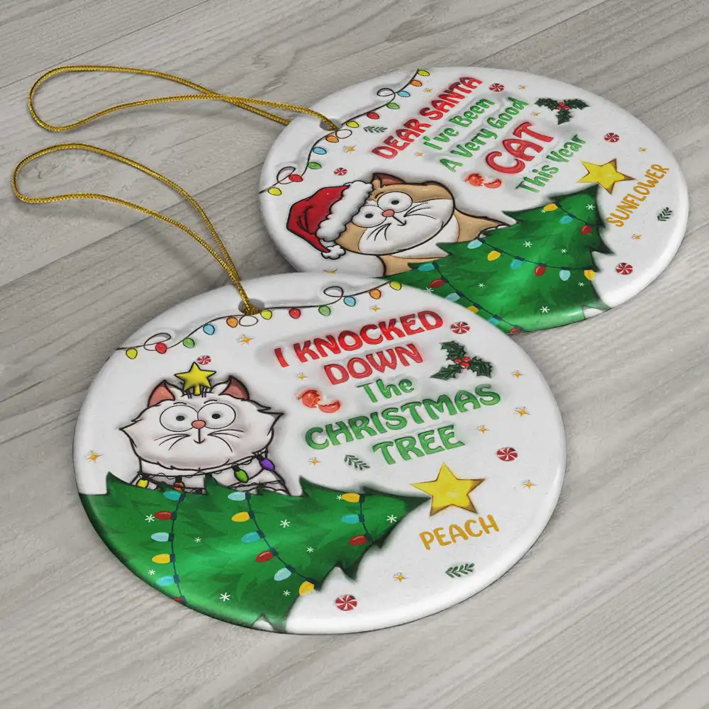 Funny Cartoon Cat On The Naughty List - 3D Inflated Effect Printed Ornament, Personalized Circle Ceramic Ornament - Image 6