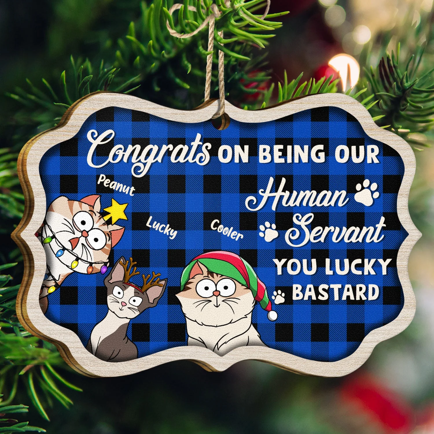Funny Cartoon Cats Congrats On Being My Human Servant - Christmas Gift For Cat Lovers - Personalized Medallion Wooden Ornament - Image 3