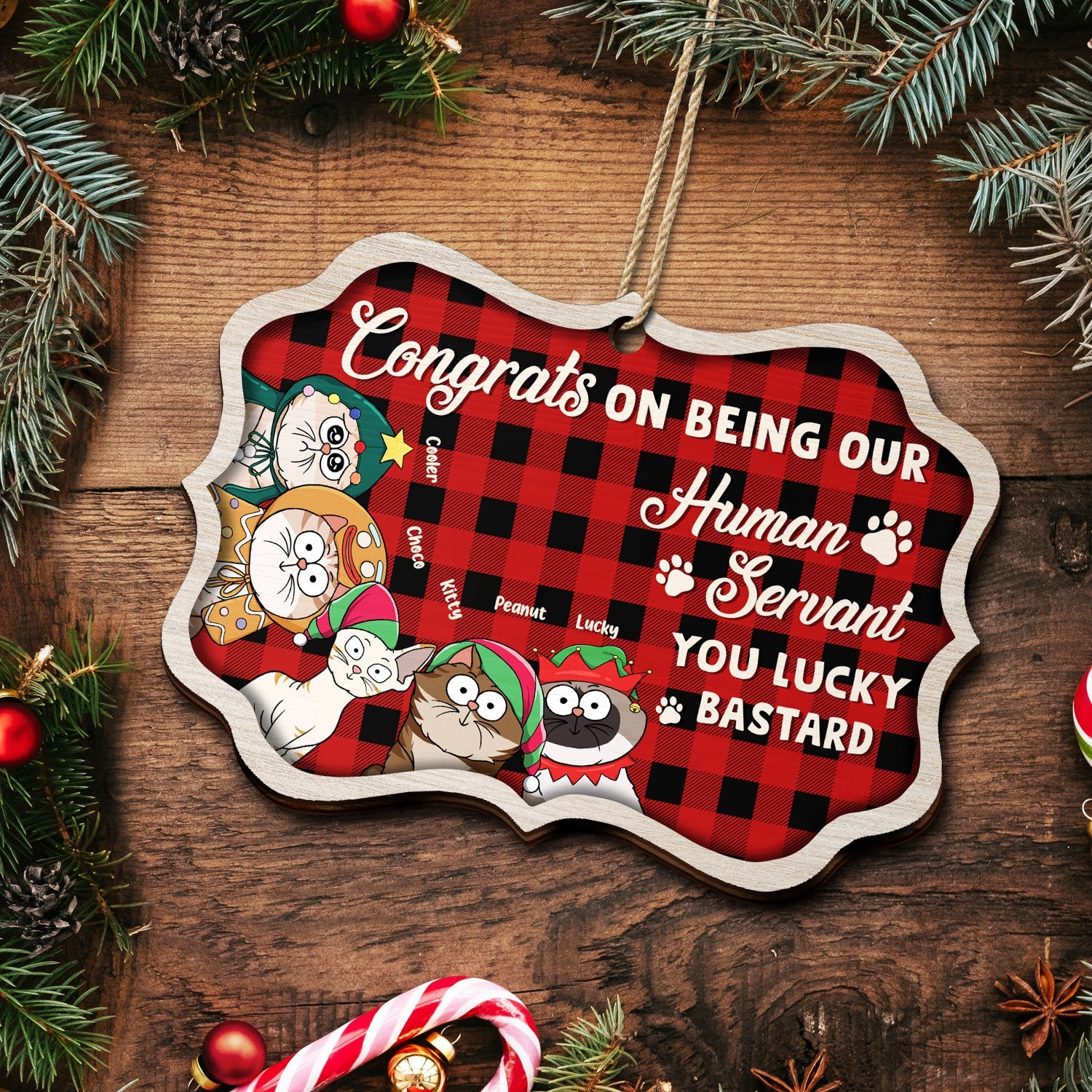 Funny Cartoon Cats Congrats On Being My Human Servant - Christmas Gift For Cat Lovers - Personalized Medallion Wooden Ornament - Image 5