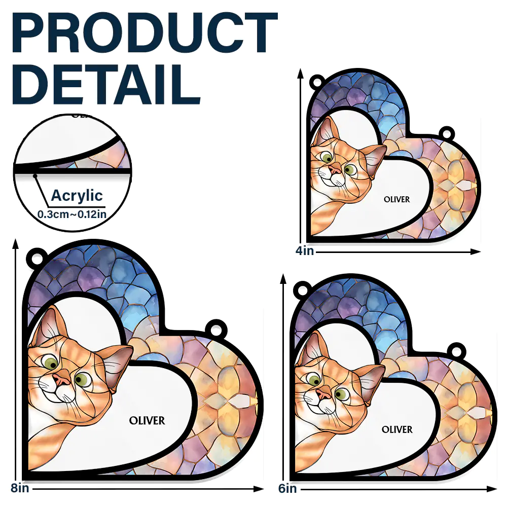 Funny Cat Heart Shape Stained Glass Effect - Personalized Window Hanging Suncatcher Ornament - Image 5