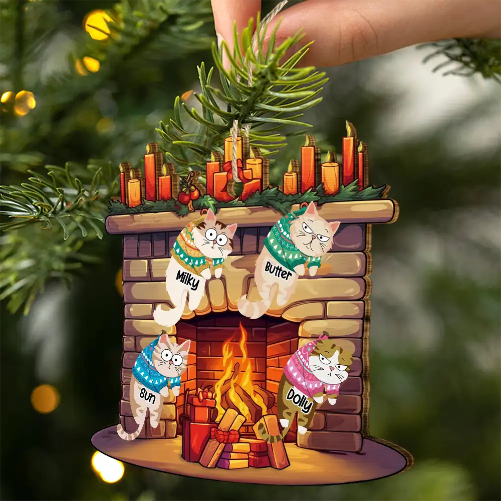 Funny Cats Hanging On Christmas Fireplace - Personalized Custom Shaped Wooden Ornament - Image 2