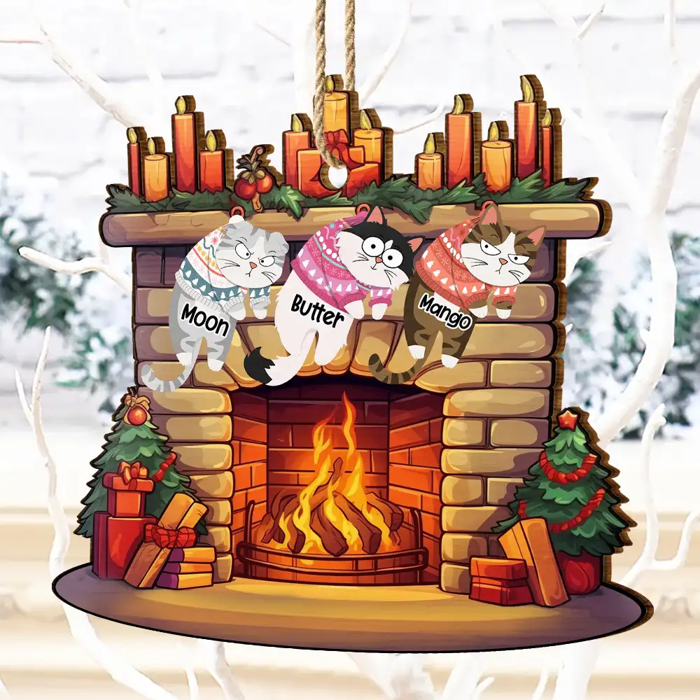 Funny Cats Hanging On Christmas Fireplace - Personalized Custom Shaped Wooden Ornament - Image 4