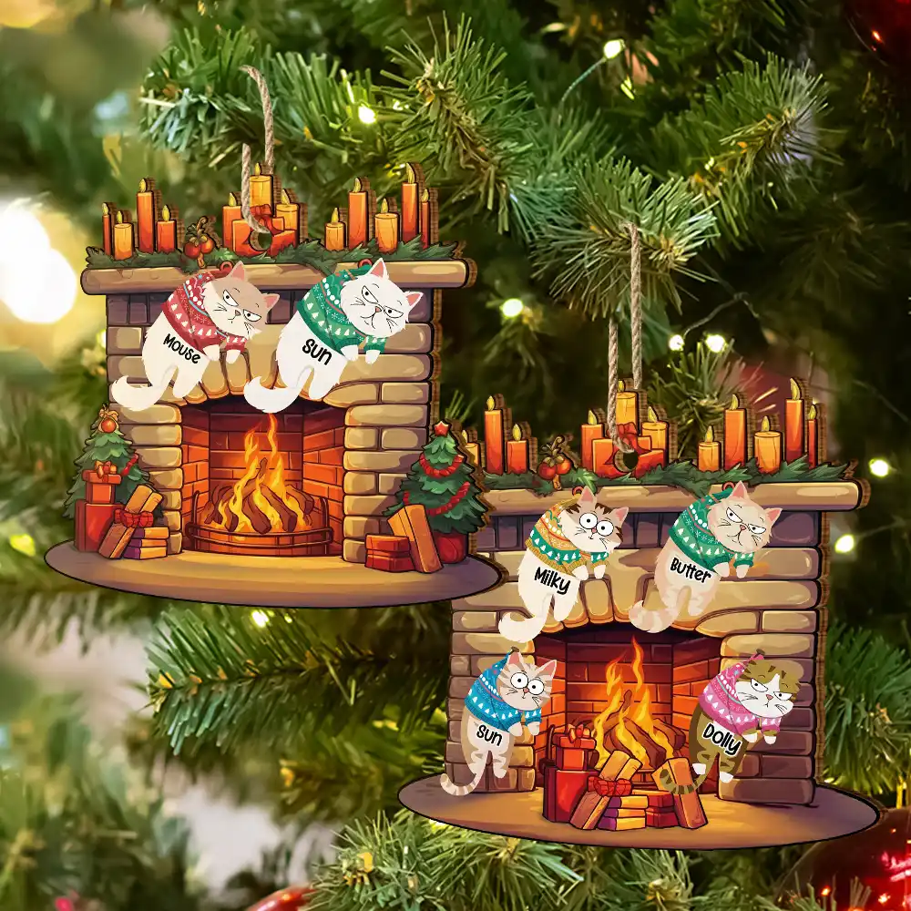 Funny Cats Hanging On Christmas Fireplace - Personalized Custom Shaped Wooden Ornament - Image 6
