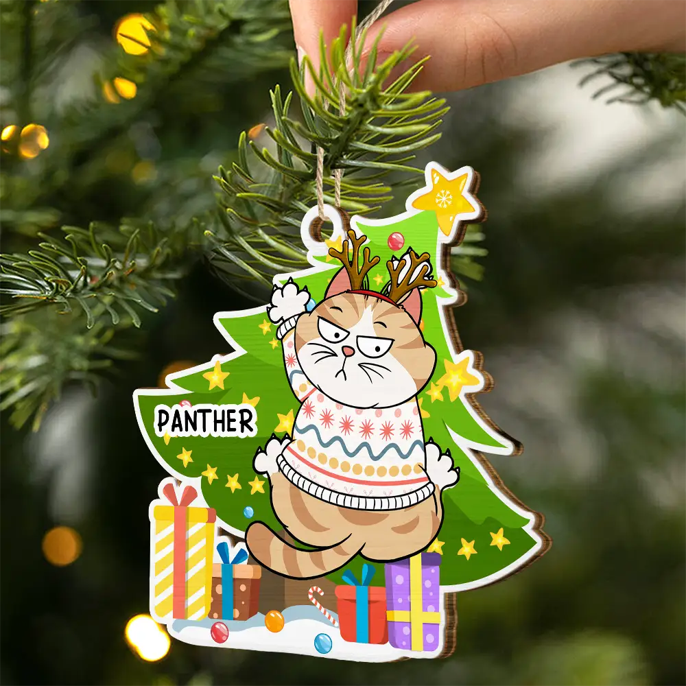 Funny Cats Scratching Christmas Tree - Personalized Custom Shaped Wooden Ornament - Image 2