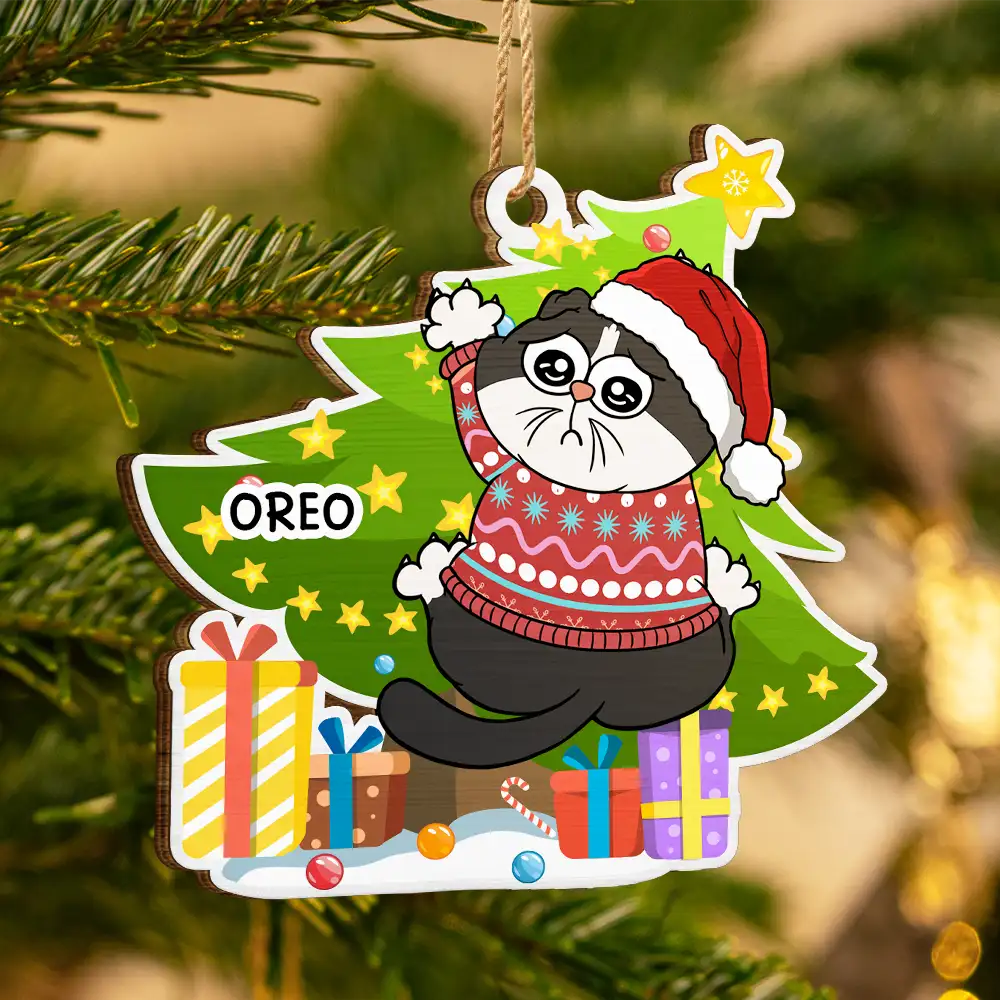 Funny Cats Scratching Christmas Tree - Personalized Custom Shaped Wooden Ornament - Image 3