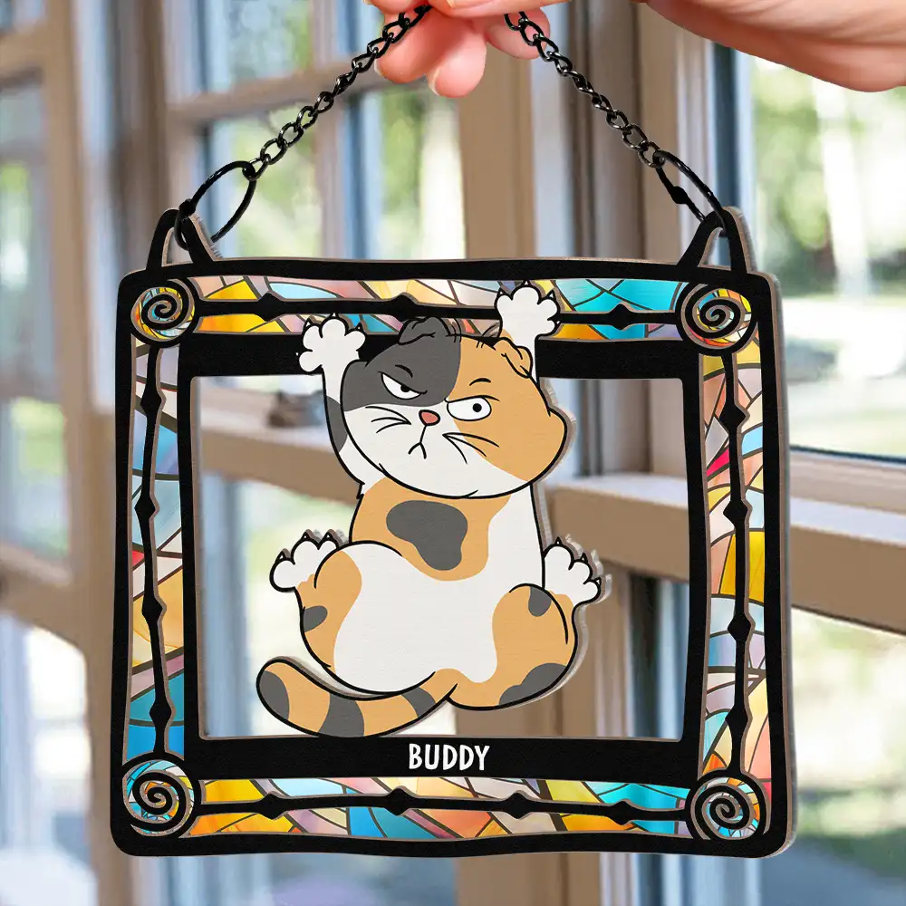 Funny Cats Scratching Window - Personalized Window Hanging Suncatcher Ornament - Image 2