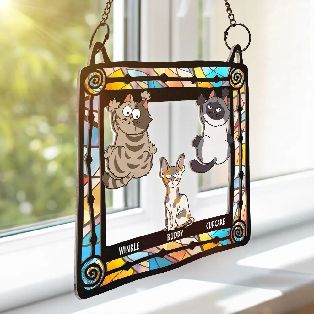 Funny Cats Scratching Window - Personalized Window Hanging Suncatcher Ornament - Image 3