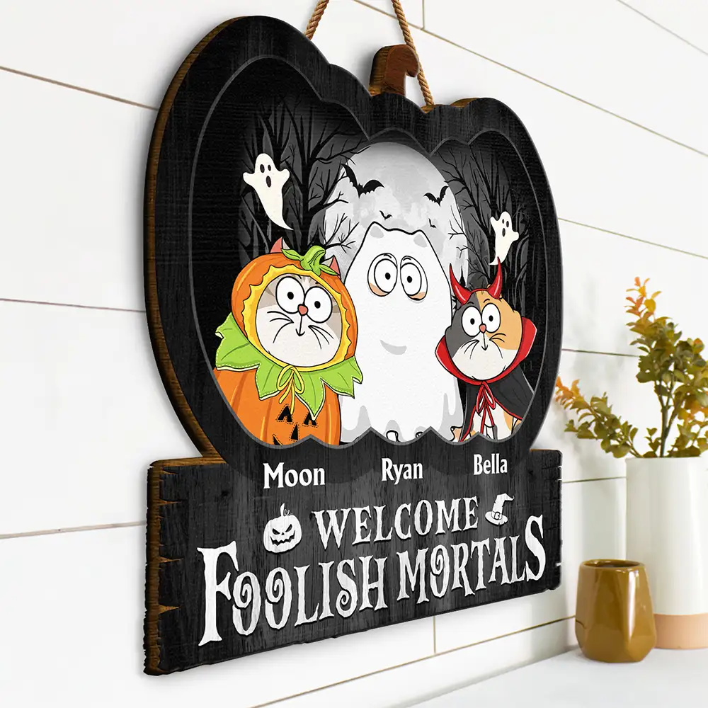 Funny Cats Welcome Foolish Mortals - Personalized Custom Shaped Wood Sign - Image 2