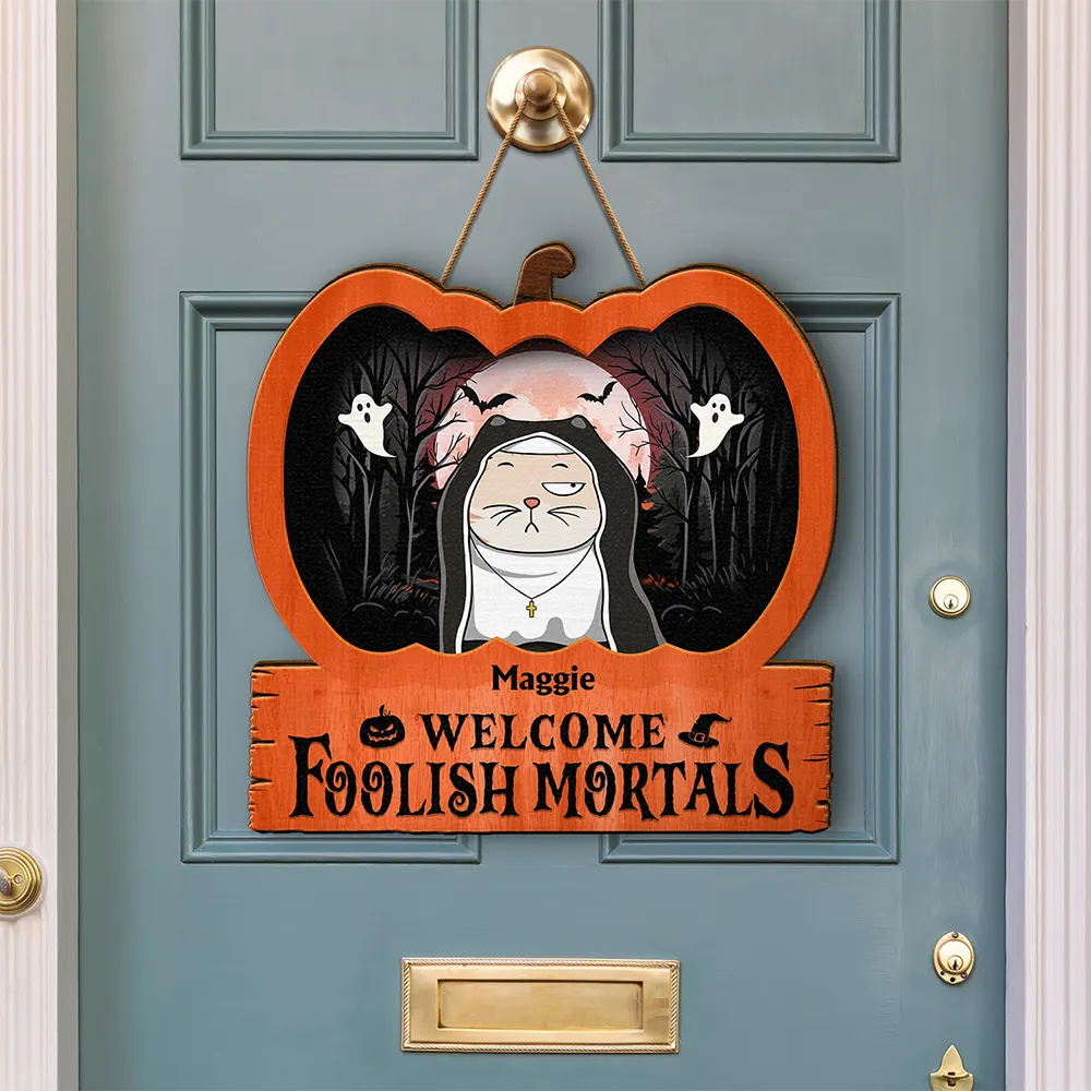 Funny Cats Welcome Foolish Mortals - Personalized Custom Shaped Wood Sign - Image 3