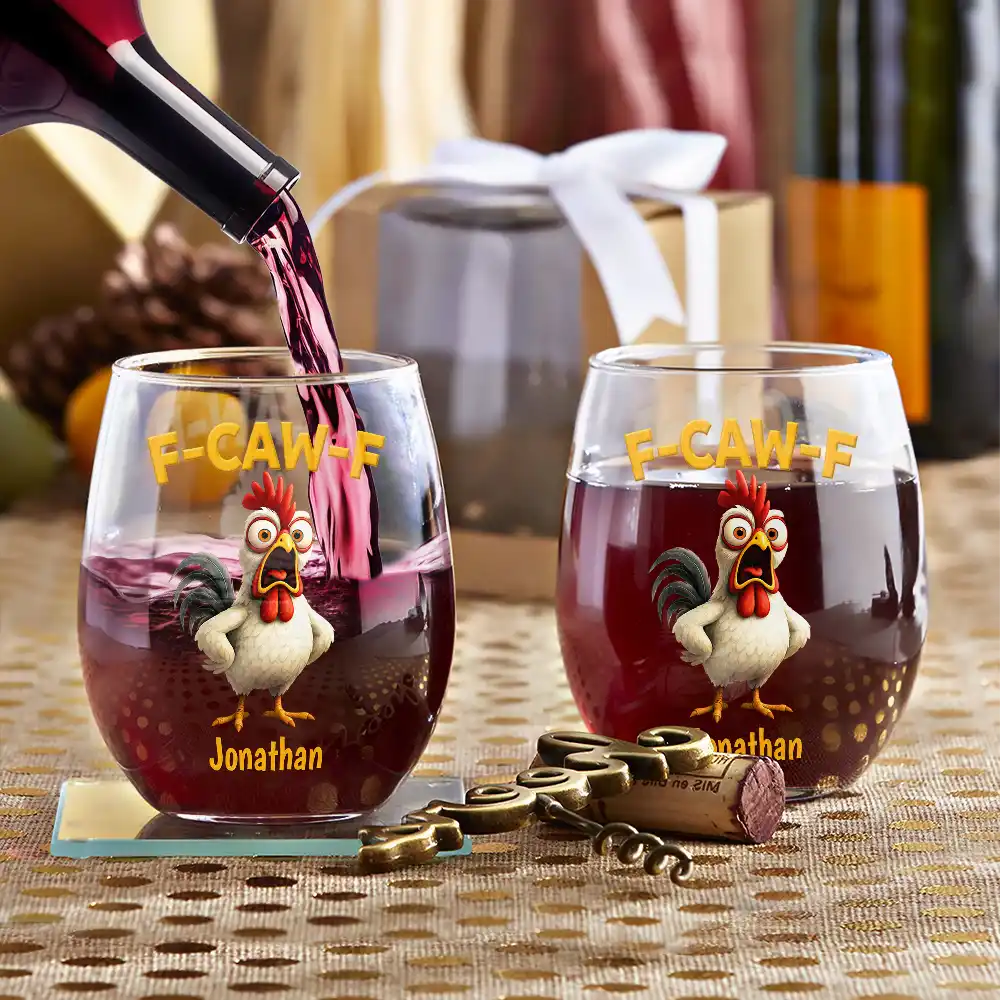 Funny Chicken F-Caw-F - Personalized Stemless Wine Glass - Image 3