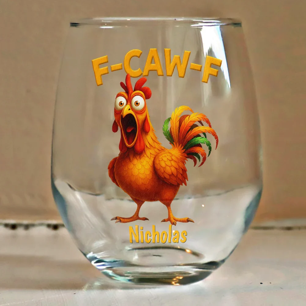 Funny Chicken F-Caw-F - Personalized Stemless Wine Glass - Image 4