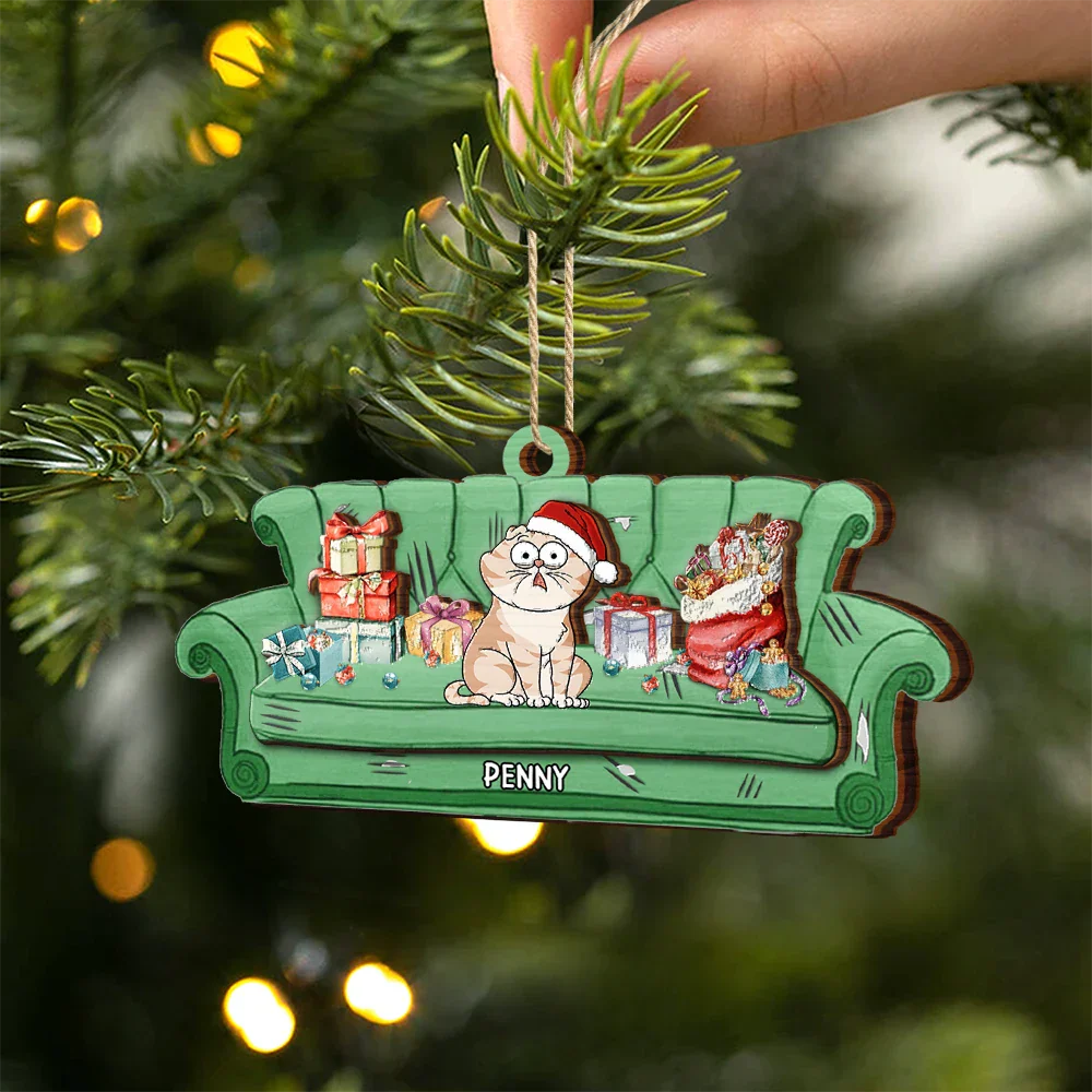 Funny Christmas Cat - Personalized 2-Layered Wooden Ornament - Image 2