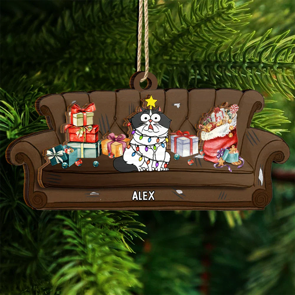 Funny Christmas Cat - Personalized 2-Layered Wooden Ornament - Image 4
