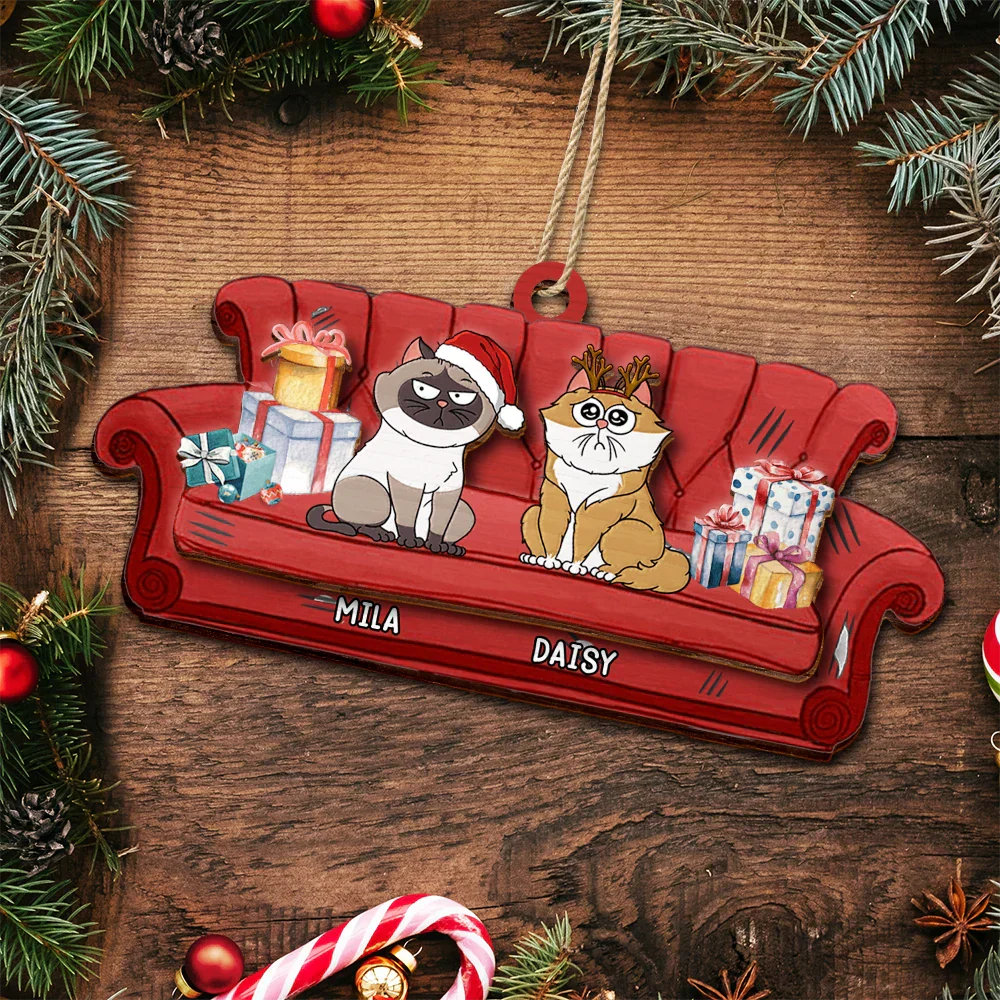Funny Christmas Cat - Personalized 2-Layered Wooden Ornament - Image 5