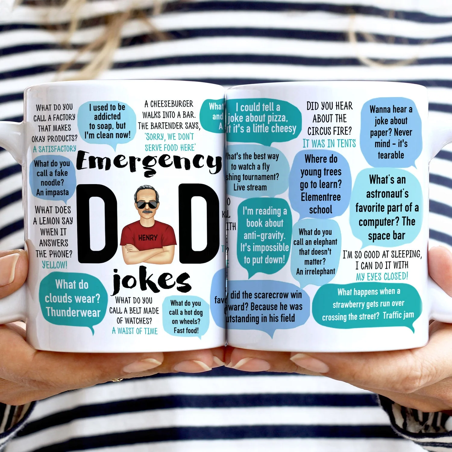 Funny Emergency Dad Jokes - Birthday, Anniversary, Family Gift For Daddy, Father, Grandpa, Husband, Men - Personalized Custom White Edge-to-Edge Mug - Image 2