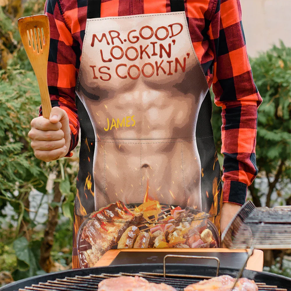 Funny Hot Muscle Man Mr. Good Looking Is Cooking Grilling - Personalized Apron - Image 3