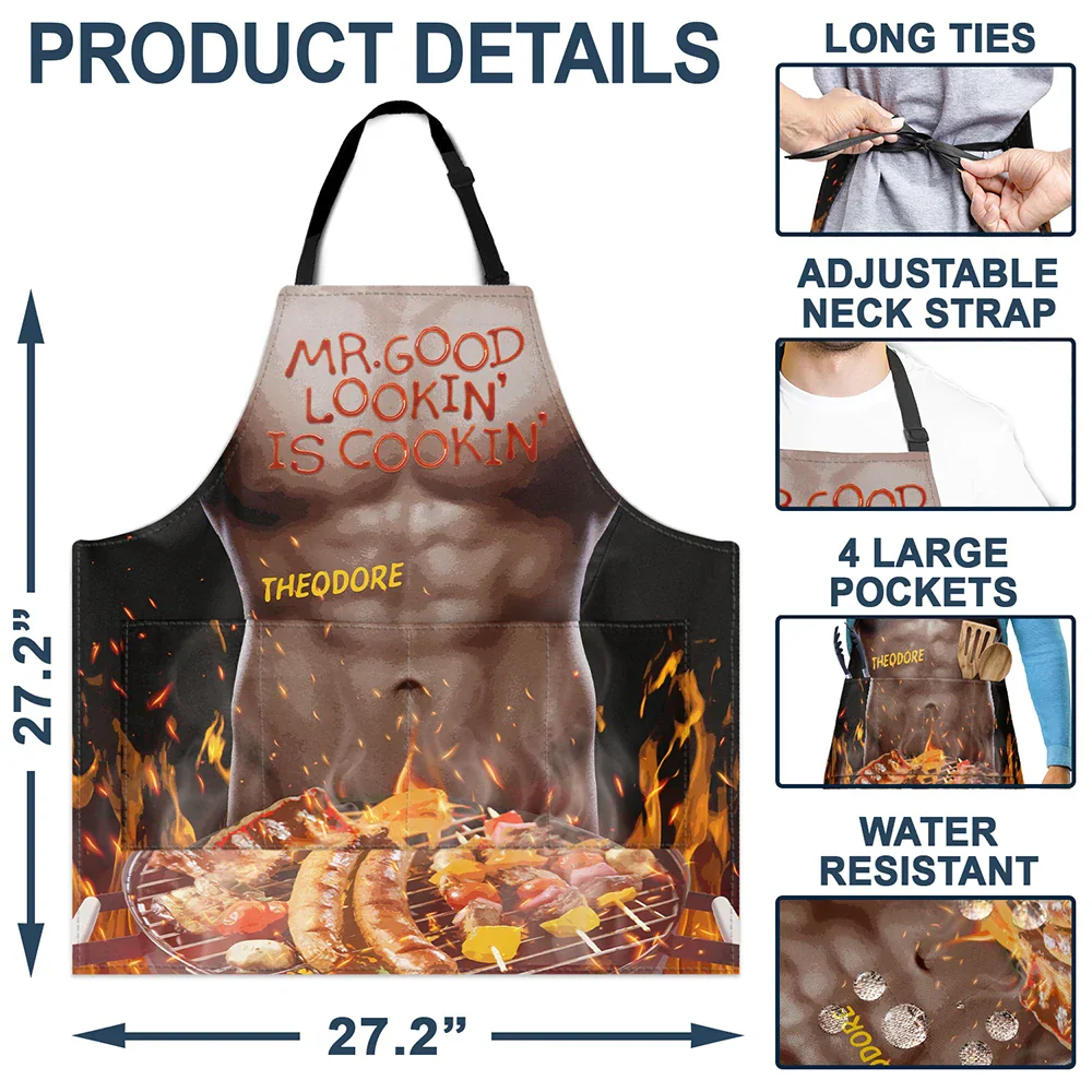 Funny Hot Muscle Man Mr. Good Looking Is Cooking Grilling - Personalized Apron - Image 4