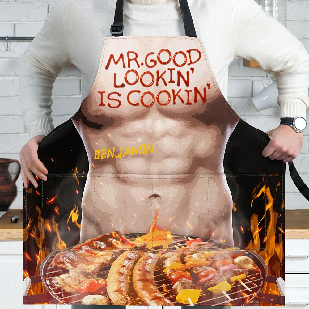 Funny Hot Muscle Man Mr. Good Looking Is Cooking Grilling - Personalized Apron - Image 7