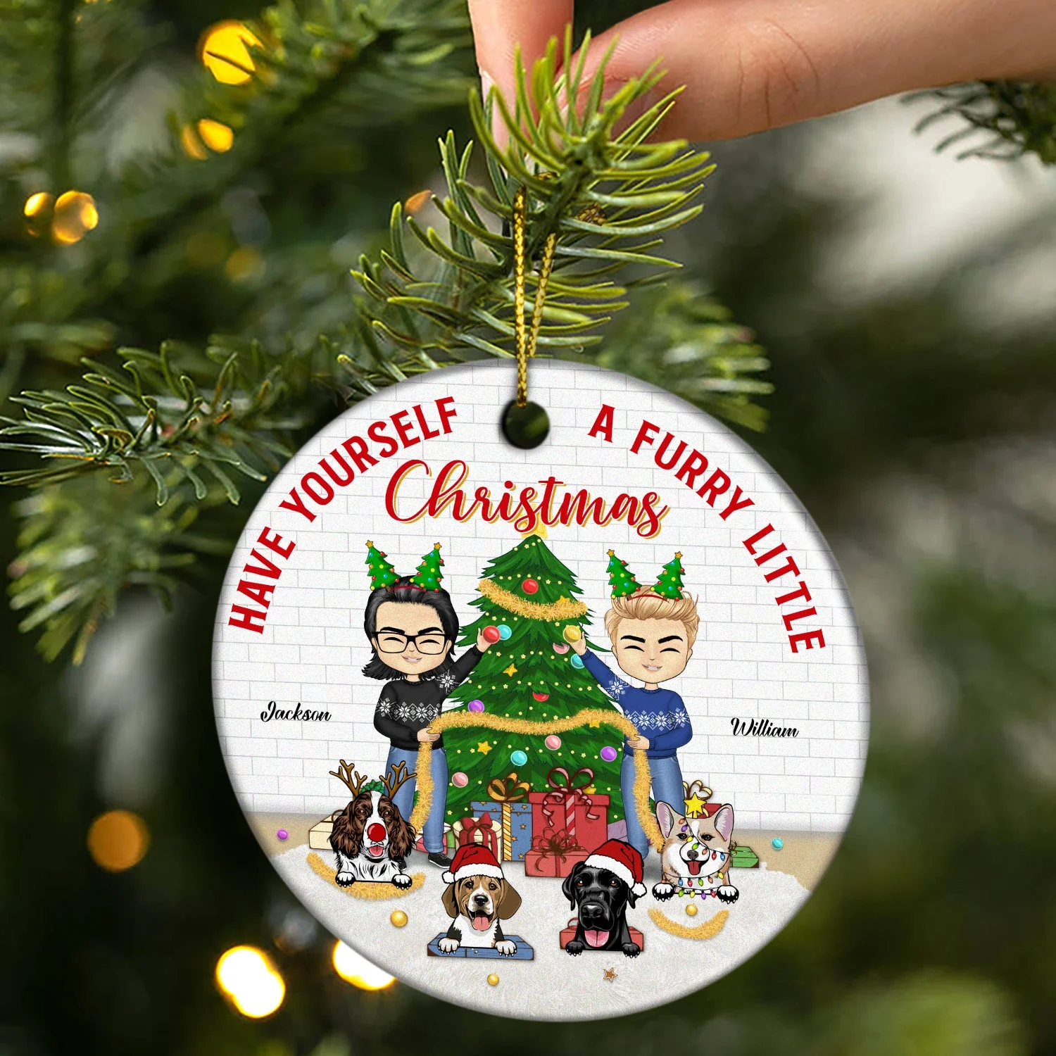 Furry Little Christmas Family With Dog Cat Pet - Gift For Couple - Personalized Custom Circle Ceramic Ornament - Image 2