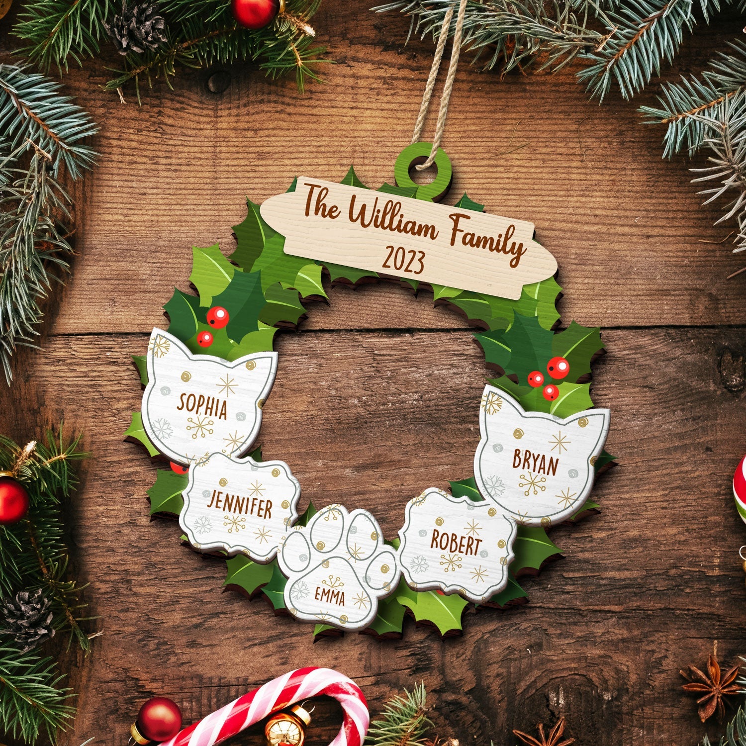 Garland Wreath Family - Christmas Gift For Family - Personalized 2-Layered Wooden Ornament - Image 5