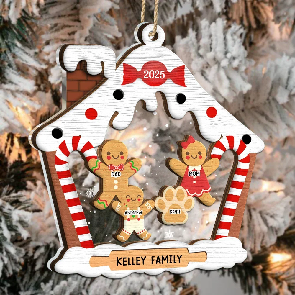 Gingerbread House Family With Pets Christmas - Personalized 2-Layered Mix Ornament - Image 3