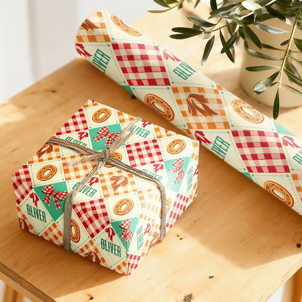 Gingerbread Initial Custom Name With Bow And Plaid - Personalized Wrapping Paper - Image 5