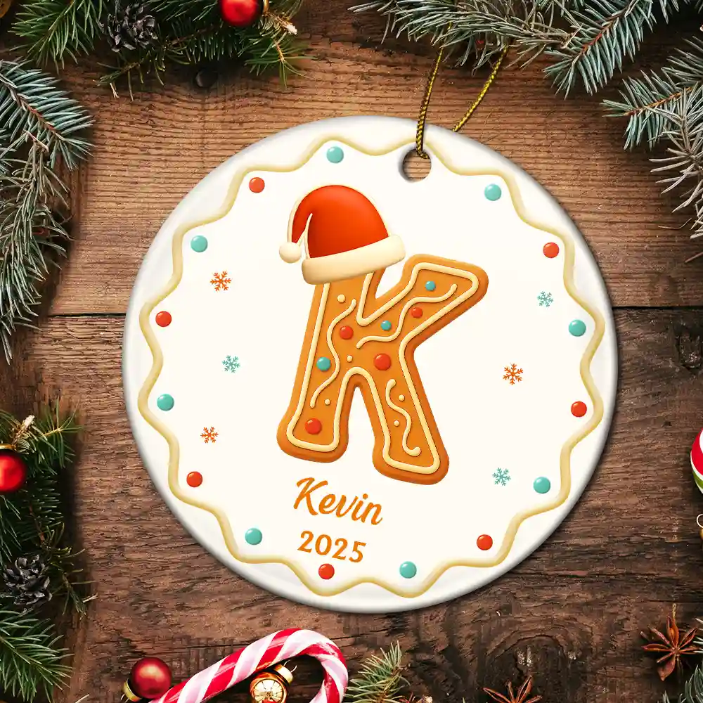 Gingerbread Letters With Santa Hat 2025 - Personalized Circle Ceramic Ornament - Image 5