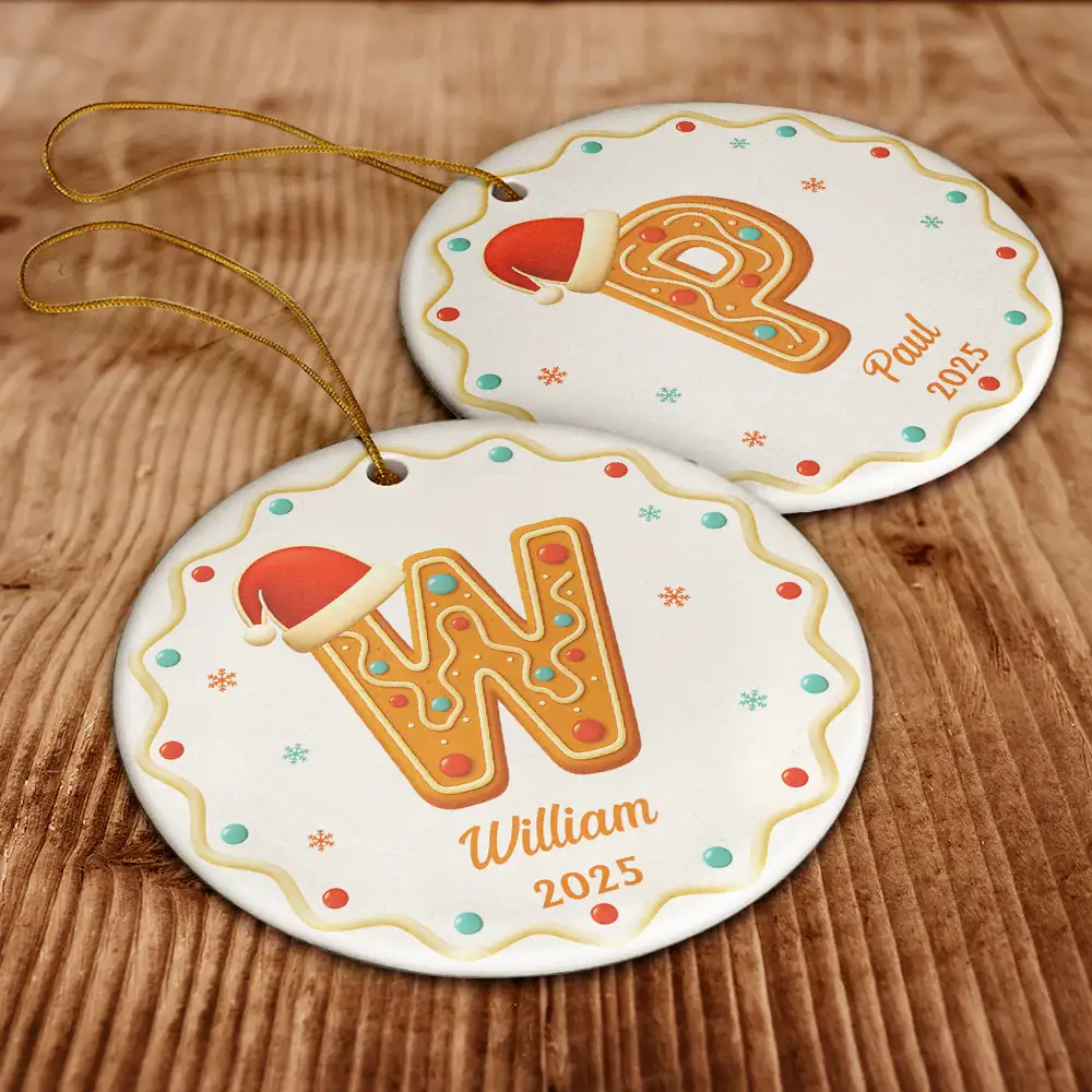 Gingerbread Letters With Santa Hat 2025 - Personalized Circle Ceramic Ornament - Image 6