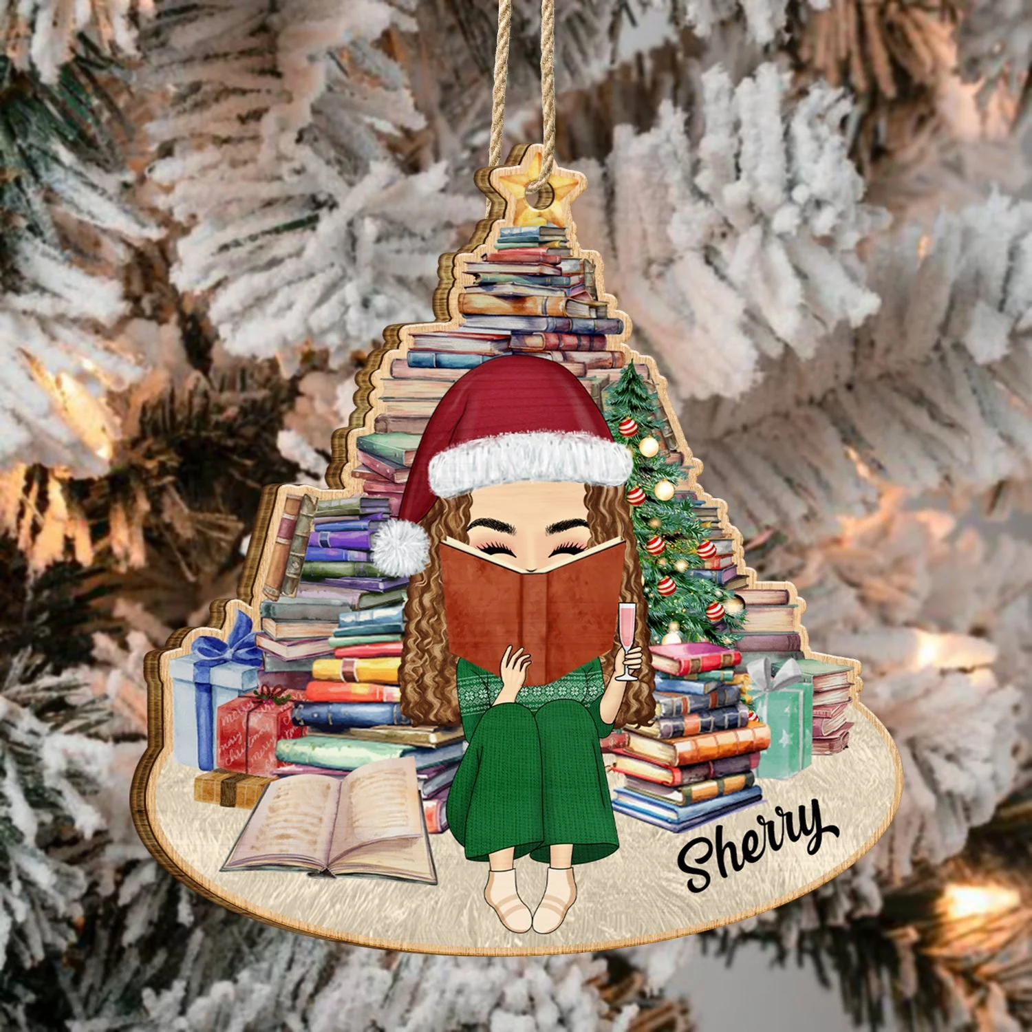 Girl Under Book Christmas Tree - Xmas Gift For Women Who Love Reading Books - Personalized Custom Shaped Wooden Ornament - Image 4