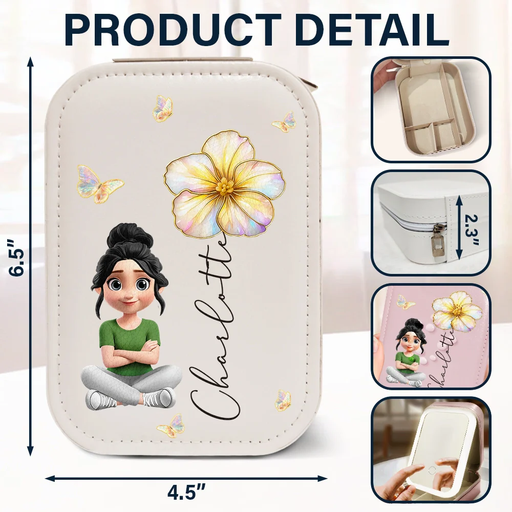Girl With Birth Flower Nacre Effect - Personalized Makeup Box With LED Mirror - Image 6