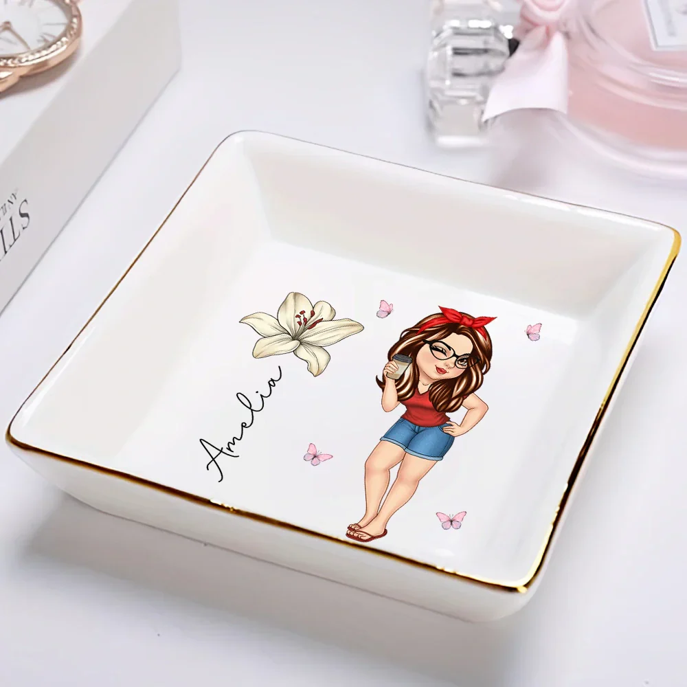 Girl With Birth Flowers - Personalized Ring Dish - Image 2