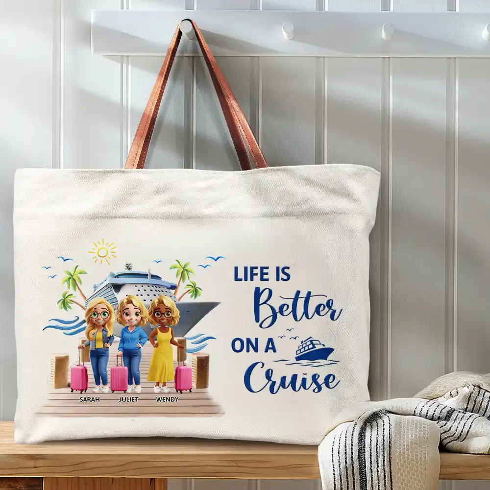 Girls Trip Bestie Traveling Cruising - Personalized Leather Handle Tote Bag - Image 3
