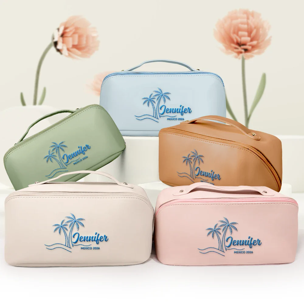 Girls Trip Palm Trees Beach - Personalized Embroidered Leather Makeup Bag - Image 3