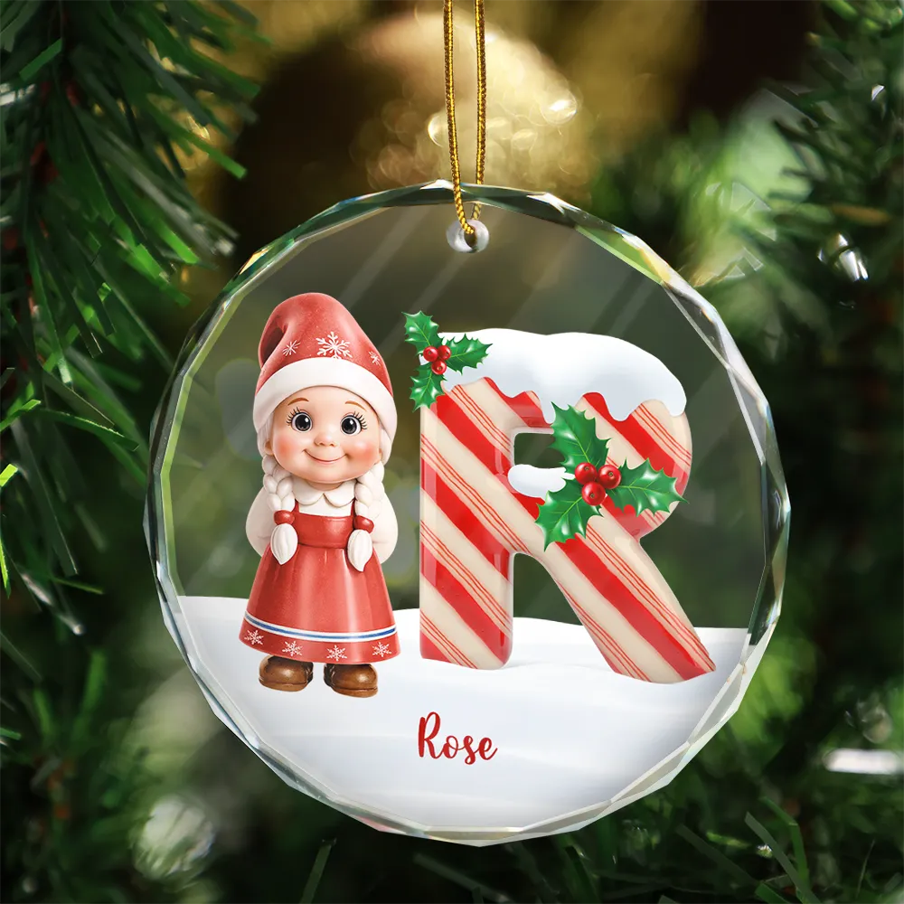 Gnome Baby Christmas Candy Cane Letter - Personalized Circle Glass Ornament - Image 3