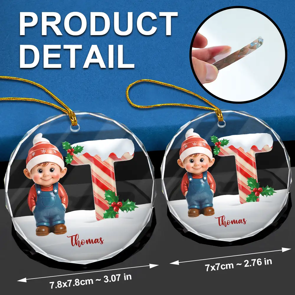 Gnome Baby Christmas Candy Cane Letter - Personalized Circle Glass Ornament - Image 6