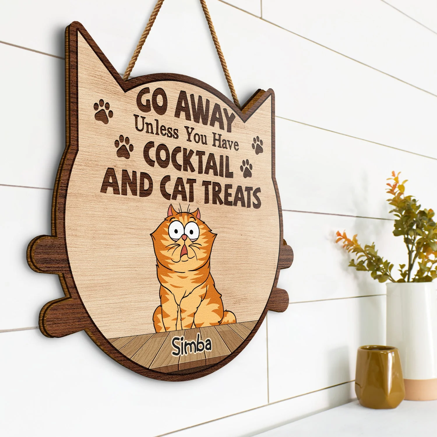 Go Away Unless You Have Alcohol And Cat Treats Funny Cartoon Cat - Gift For Cat Lovers - Personalized Custom Shaped Wood Sign - Image 2